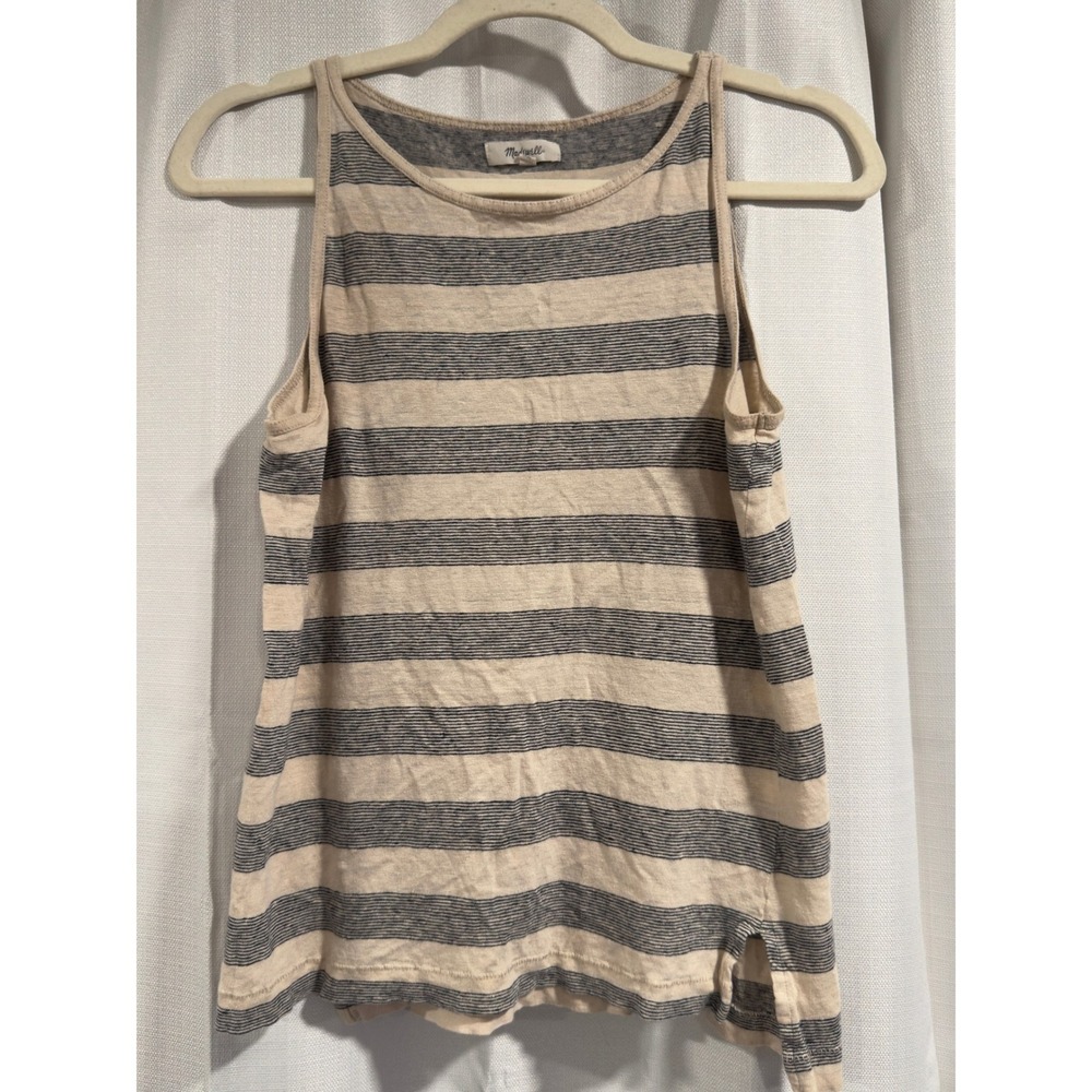 Madewell Womens 100% Linen Small Striped Sleeveless Tank Beige Blue Round Neck